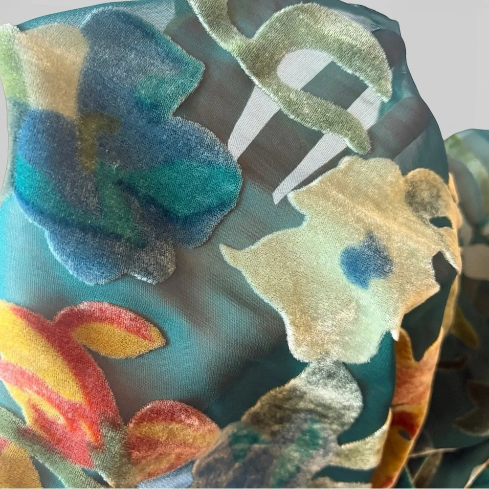Vintage Multicolor Sheer Floral Velvet Burnout Scarf Fringe Boho Romantic